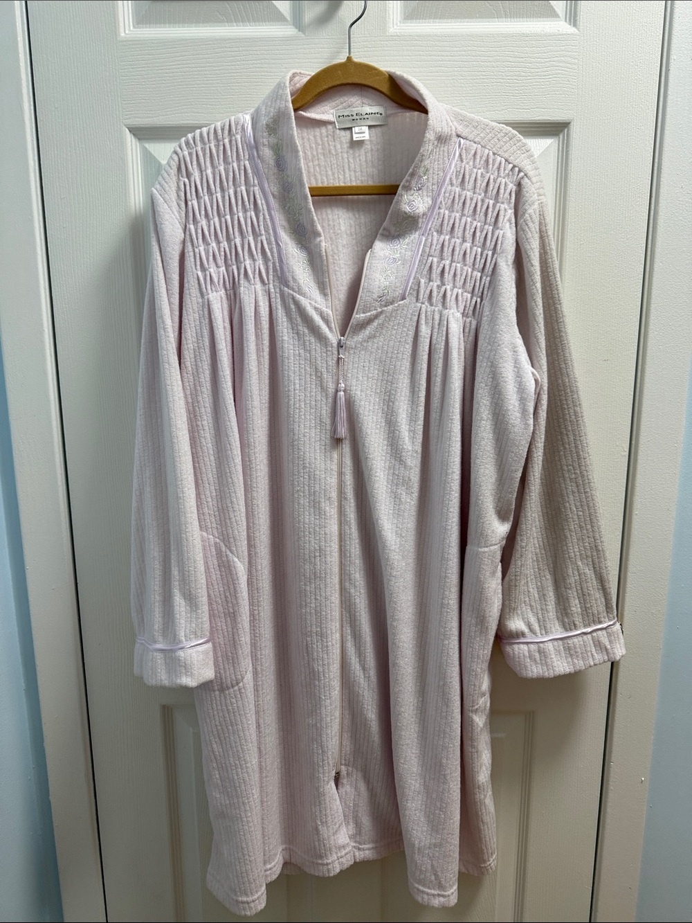 Miss Elaine Light Pink Smocked Zip Robe with Tassel Pull